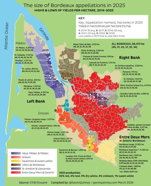 Bordeaux appellation yields 2014–2025 map