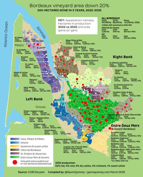 Bordeaux appellation yields 2014–2025 map showing reduction