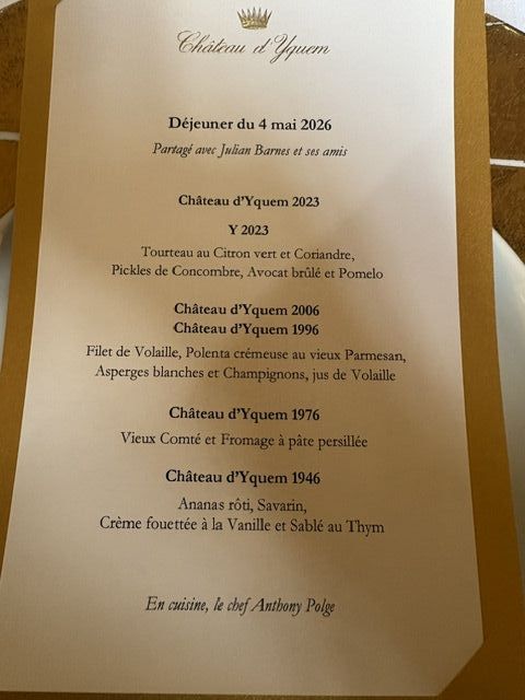 The menu for Julian Barnes's celebratory 80th birthday lunch
