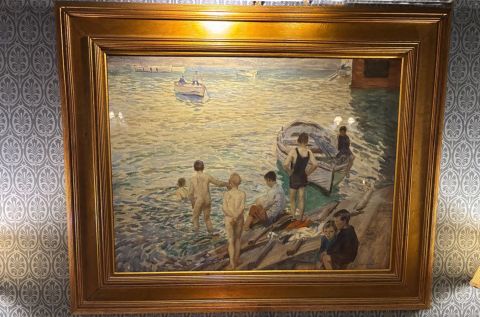 A painting in the Ballymaloe dining room of young boys swimming
