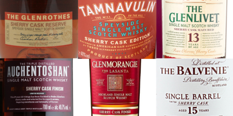 montage of sherry cask whisky labels