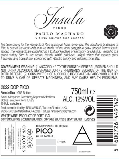 Insula Vinus Verdelho 2022 back label