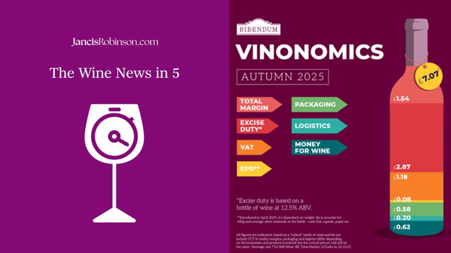 Wine news in 5 logo and Bibendum wine duty graphic