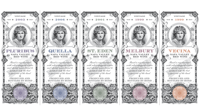 Labels of five Bond wines - Pluribus, Quella, St Eden, Melbury, Vecina