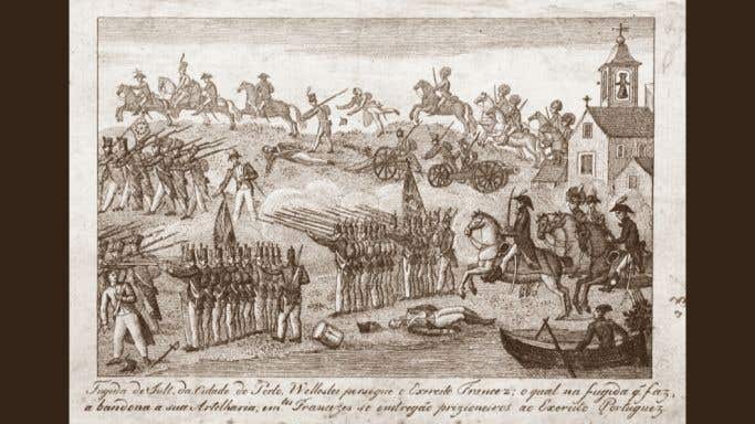 Engraving of the withdrawal of French troops from Oporto before the arrival of Wellesley’s army
