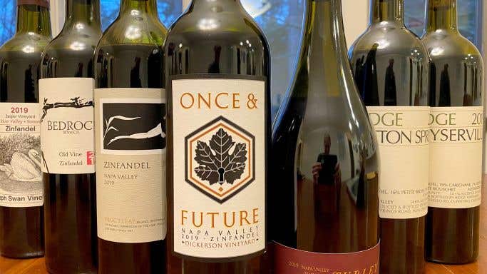 An array of top-quality California Zinfandel bottles.