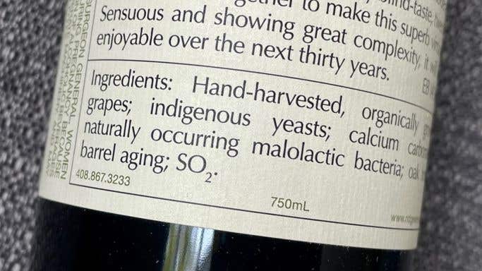 A closeup of the ingredient label on a Ridge wine.