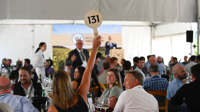 A bidder raises her paddle at the Willamette Valley Wine Auction; photo by Carolyn Wells-Kramer.
