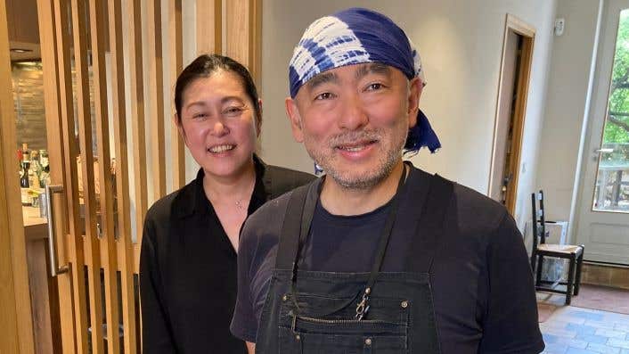 Chef Mikihiko Sawahata and his wife Sachiko at Bisoh, their restaurant in Beaune